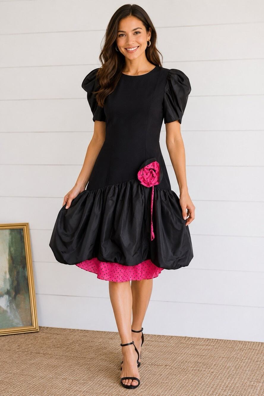 Morton Myles Vintage Party Dress Puff Sleeve Drop-Waist Black Polka Dot Size 8